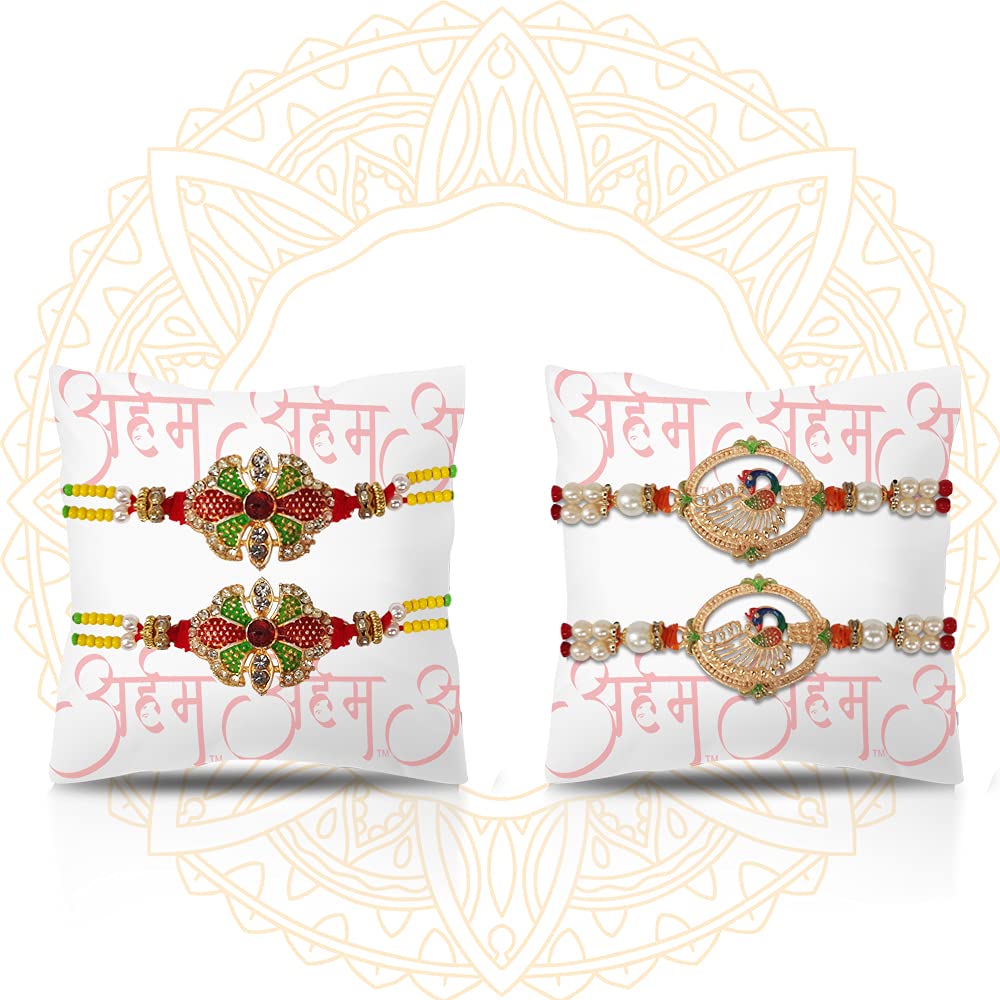 Arham Peacock and Floral Rakhi Bracelet (Set of 4)